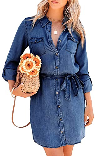 FeMereina Women DenimLoose Shirt Dresses Button Down 3/4 Lantern Sleeve Casual Tunic Top Puff Sleeve Flowy Jean Mini Dress