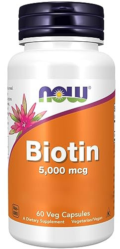 Now Foods, Biotine, 5000mcg, Vitamine B7, Haute Dosé, 60 Capsules végétaliennes, Testé en Laboratoire, Sans Gluten, Sans Soja, Végétarien, Sans OGM
