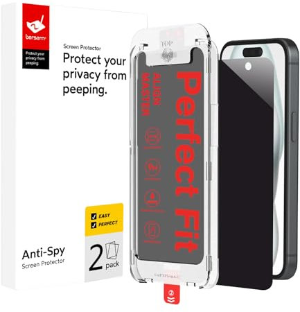 BERSEM Lot de 2 Verre Trempé Anti Espion pour iPhone 15 6,1 Pouces, Film Protection Écran, Équipé d'un Outil d'Alignement, Dureté 9H, Sans Bulles, Confidentialité Protection