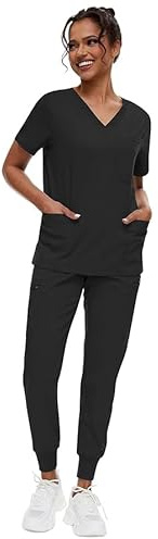 MEDSKIN Scrubs Set for Women - Stretch V-Neck Scrub Top & Jogger Trouser Pants with 8 Pockets (Black, M)