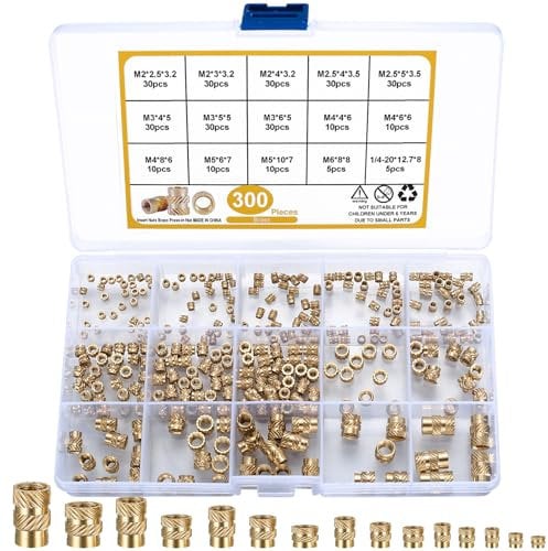 300 Pcs Brass Threaded Inserts, M2 M2.5 M3 M4 M5 M6 Knurled Nuts for 3D Printing - Female Thread, Embedment Nuts for 3D Printer Plastic Parts