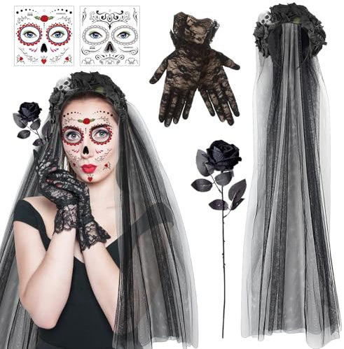 SOETDERT Halloween Kostüm Damen, Dia de los Muertos Kostüm, Tag der Toten Haarreif Schleier mit Rosen Totenkopf Gesicht Tattoo, Halloween Haarschmuck für Halloween, Karneval Kostüm Accessoires