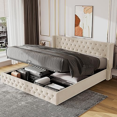 Jtyca Upholstered double bed frame with storage, 4FT6 Velvet Double Ottoman Bed Frame with Hydraulic Lever, Beige, 135 X 190 CM, (Without Mattress)