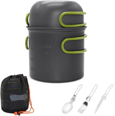Viceda Camping Cooking Set - 7 Pieces Cookware With Foldable Knife, Fork and Spoon, Portable Pots and Pans, Aluminium Saucepan for Hiking, Fishing, Outdoor Barbeque