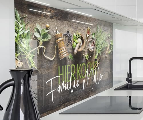 timalo Herd Spritzschutz Wand Spüle, Küche Küchenrückwand Glasoptik | Acryl Glas 2mm | Glasrückwand Acrylglas - personalisiert mit Namen - Rückwandschutz Platte | 140x50cm Kräuter Holzwand