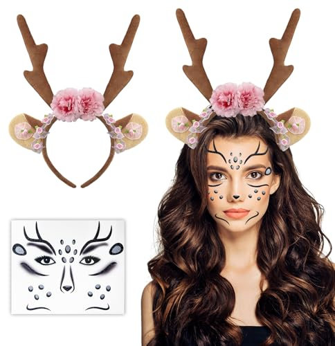 LOYEBOHU Reh Kostüm Damen Fasching, Reh Haarreif Damen Mädchen, 1 Geweih Haarreif + 1 Glitzer Gesichtstattoo Karneval Mottoparty Cosplay