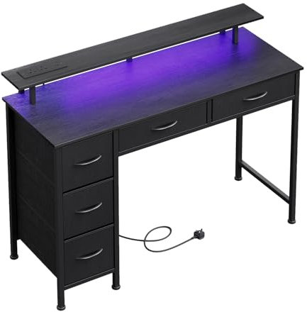 MUTUN 100CM Computer Desk with 5 Fabric Drawers, Gaming Desk with LED Lights & Power Outlets, Home Office desk with Monitor Stand, Work Desk with USB Charging Port, Black