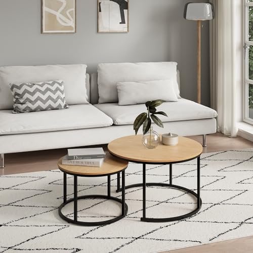 Couchtisch 2er Set rund aus Holz, Wohnzimmertisch Modern, Beistelltisch Set 2 in 1 mit Metallgestell für Wohnzimmer Büro Beistelltisch Loft Design Twin | Eiche hell