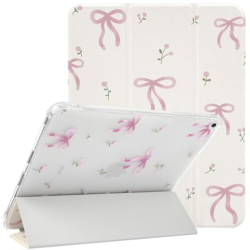 Lovmooful Hülle für iPad 7./8./9.Gen(10,2 Zoll) Schleife Blume-Weiß&Rosa | für iPad 7./8./9. Gen (10,2 Zoll,2019/2020/2021),Cute Band Floral Design,Stifthalter,Ästhetisches Trifold Ständer Schutzhülle