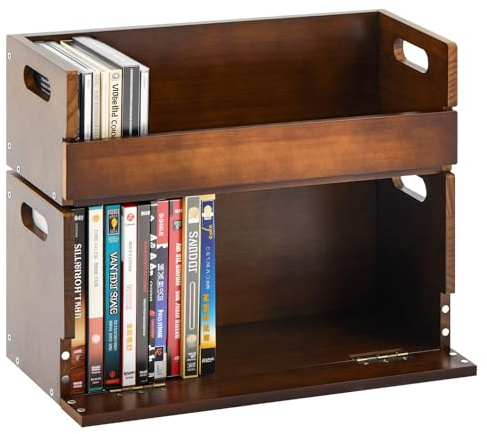 CroBlissful DVD- und CD-Aufbewahrungsbox aus Holz, Kassettenständer mit Tragegriff, Organizer-Regal für Filmhüllen, jede kann bis zu 36 CDs und 26 DVDs aufbewahren (braun)