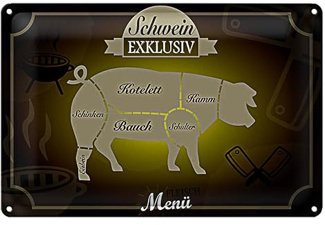 Dekoratives Metzger-Schild 'Schwein Exklusiv' | Vintage Fleischteile-Übersicht für Küche & Grill | Ideal für Fleischliebhaber | 40 cm x 30 cm