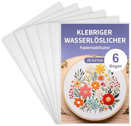 6 PCS Stickvlies Wasserlöslich Selbstklebend, A4 (29,7 x 21 cm) Bedruckbar Stickpapier, Wasserlösliches Stickvlies ideal für Drucken oder Zeichnen, Maschinen und Handstickerei