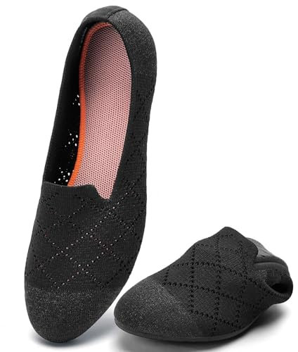 Puxowe Women's Ballet Flats Shoes Slip On Knit Dress Shoes Pumps Round Toe Ballerinas for Woman Comfort Soft 6.5 UK Black/Orange