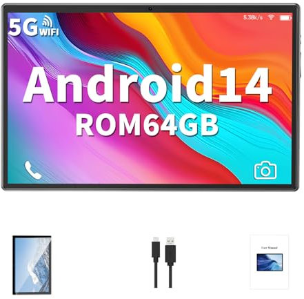 QDDQ 2025 New Android 14 Tablet, 2 in 1 Tablets, 5MP+8MP Dual Kamera 10.1 Zoll RAM 4GB+4GB Expanded ROM 64GB, 5G WiFi