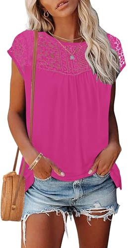 WNEEDU Blusas Mujer Verano Encaje Camisetas Camisa Manga Corta Top Elegante | Cuello redondo, versátil, casual