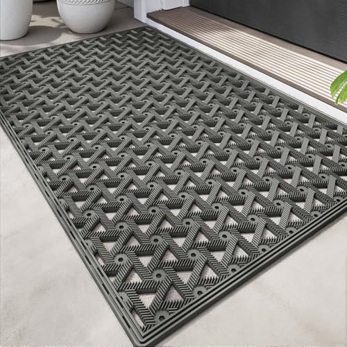 DEXI Outdoor Door Mat 61 x 91 cm, Non Slip Dirt Trapper Doormat, Grey | Heavy Duty, Waterproof, Drainage Holes, All Weather for Front Back Door, Entrance, Patio, Entryway, Garden