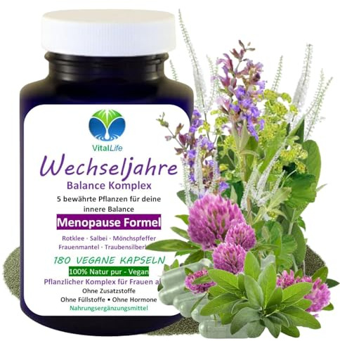 Wechseljahre Komplex vegan 180 vegi Kapseln, Menopause Formel, Hormon Balance für Frauen ab 40 - Rotklee, Salbei, Mönchspfeffer, Traubensilberkerze, Frauenmantel. OHNE ZUSATZSTOFFE. 27420-180