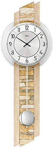 AMS Designer Pendeluhr mit Naturstein-Elementen und Holzgehäuse, Wohnzimmeruhr Wanduhr mit Pendel in Chrom glänzend - Pendeluhrwerk geräuscharm