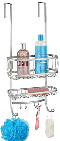 mDesign Duschablage zum Hängen über die Duschtür - praktisches Duschregal ohne Bohren - mit Saugnäpfen und 4 Haken - Duschkorb zum Hängen für Shampoo, Rasierer und Co. aus Metall - silber