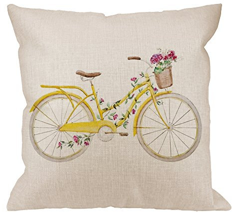 HGOD DESIGNS Fahrrad-Kissenbezug, dekoratives Dekokissen mit Blume, Baumwollleinen, für drinnen und draußen, quadratisch, für Zuhause, Sofa, Couch, 45,7 x 45,7 cm, Gelb