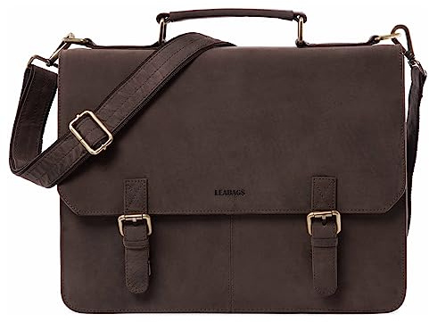 LEABAGS Leder Aktentasche Herren & Damen I Echtleder Laptoptasche bis 15 Zoll I Umhängetasche mit Schultergurt I Schultertasche I Messenger Bag I Arbeitstasche I Lehrertasche I Vintage Rotbraun