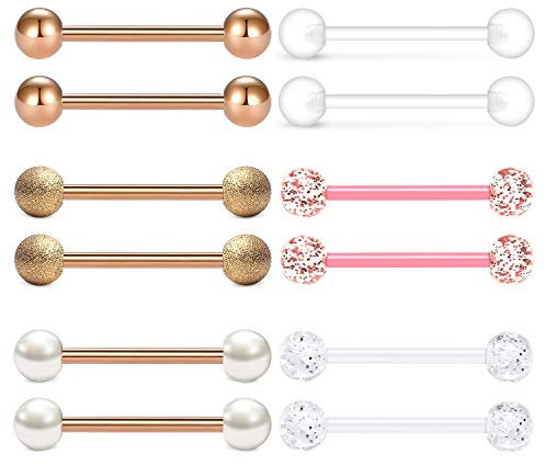 LAURITAMI 6 Paar Zungenpiercing Brustwarzenpiercing Edelstahl 1.6mm 16mm Stab Barbell Piercing Zunge Brustwarze Nippel Bars
