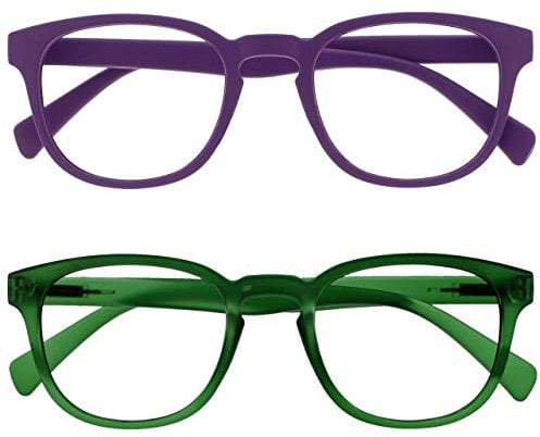 OPULIZE Pop Lesebrille 2er Pack Keck Rund Matt Rahmen Federscharniere Kratzfest Lila Grün Herren Damen RR2-56 +1.50