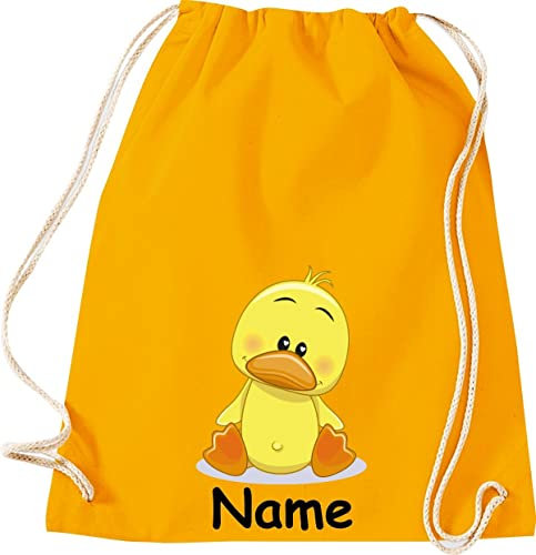 Shirtinstyle Gym Sack Kinder Turnbeutel Tiere Ente Küken mit Wunschnamen, Beutel Tasche Hort Kita, Farbe Mustard