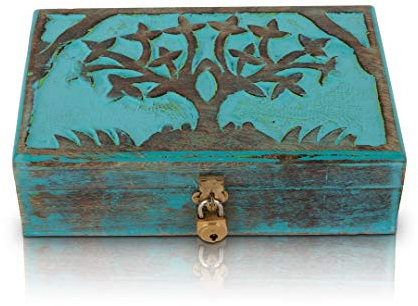 Caja de madera decorativa hecha a mano para regalo de cumpleaños, diseño de árbol de la vida, con cerradura y llave, caja de recuerdo, cofre del tesoro, caja de almacenamiento, 20,32 x 12,7 cm