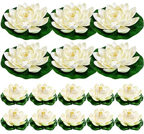 16 Stück künstliche schwimmende Poolblumen, elfenbeinfarben, weiße Kunststoff-Lotusblume mit Seerosen-Pads, Teich-Pool-Lotus-Ornamente für Terrasse, Garten, Aquarium, Party, Hochzeitsdekoration