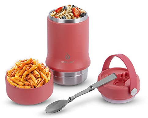 Ideus Insulated Soup Flask 600ml, Double Wall Stainless Steel Thermal Lunch Box Vacuum Food Jar with Folding Spoon and Bowl Portable Leakproof Food Container (Jellyfish Red)