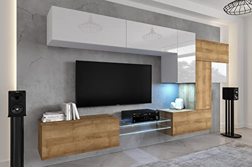 Furnitech Wohnwand Wohnzimmer | Hängend Wohnwand Modern | Wohnzimmer Schrankwand mit Regale und TV Schrank | Wohnzimmer Möbel ohne LED (AN92NEW-21WDZ-HGM22)