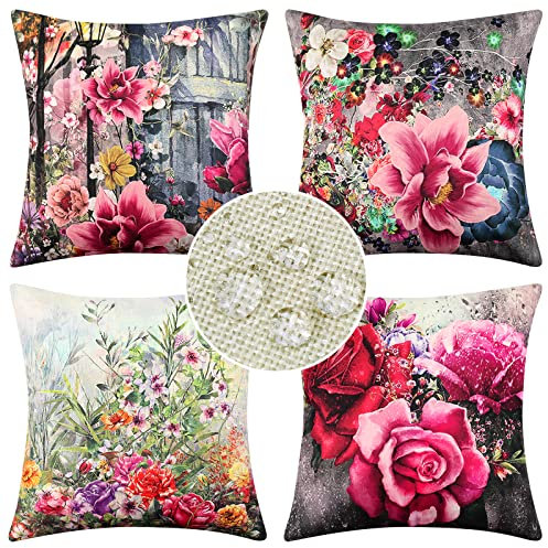ETOLISHOP Kissenbezug 45x45 4er Set Rosa Blumen Outdoor Wasserdicht Leinen Kissen Dekokissen Quadratische Kissenbezüge Dekorative Sofakissen für Sofa Cafe Schlafzimmer Wohnzimmer Auto Garten