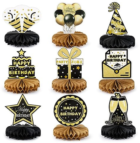 9 Pcs Geburtstag Bienenwaben Deko Papier Schwarz Gold Happy Birthday Tisch Ornamente Papier Tischdekoration für Geburtstag Party Tischaufsätze usw.