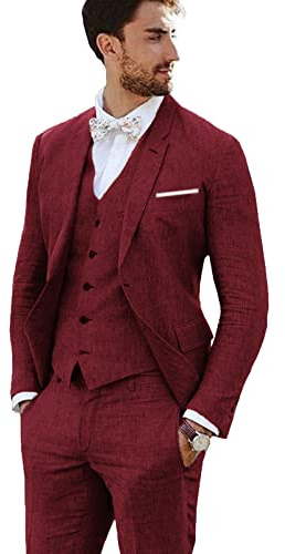 Furuyal Completo di lino 3 pezzi vintage retrò abiti da ballo di fine anno giacca slim fit blazer sposo smoking, Borgogna chiaro, L