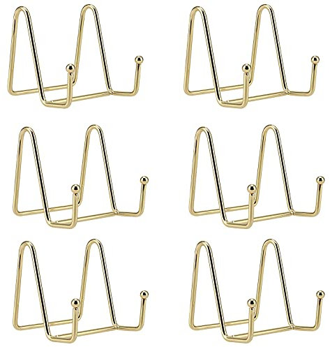 SINJEUN 6 Pack Gold Metal Display Stands, 3 Inch Metal Plate Stands for Display, Iron Easel Plate Holder Plate Frame Holders for Decorative Plate Dish Picture Book Artworks Party Decor