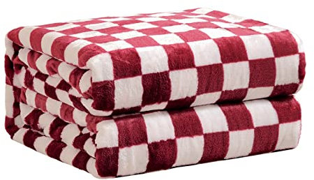 FY FIBER HOUSE Karierte Flanell-Fleece-Überwurfdecke, King-Size-Größe, weich, gemütlich, Schachbrettmuster, Decken für Bett, Couch, Sofa, 228,6 x 274,3 cm, Burgunderrot