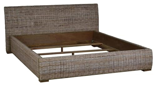 MiaMöbel Bett 180 cm Modern Massivholz Rattan Mahagoni Kubu-grau