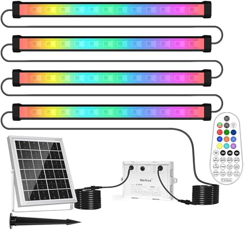 MEIHUA Solar RGB Strahler Wallwasher Farbig 10 Farbe 30 Modi Timer 2 Helligkeit Solar Gartenleuchte Bunt 6000mAh IP66 Wasserdicht Solarlampen für Außen Farbewechsel Garten Party DJ Karneval, 4 in 1