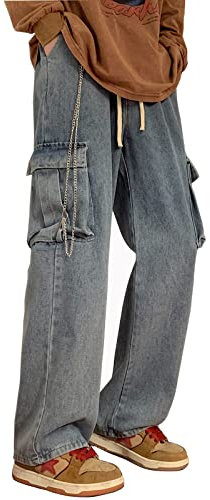 Jeans Herren Casual Relaxed Fit Straight Multi Pocket Baggy Hip Hop Y2K Jeanshosen (126 Blue,L)