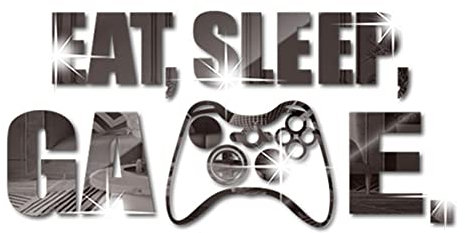 Eat Sleep Game Mirror Wall Decal, Acrylic Gaming Wall Sticker, Gamer Room Decor, Wall Art Quote Sign for Boys Girls Men Bedroom Playroom Studio Video Room (Black)