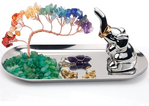 Carselage Elefanten-Ringhalter für Schmuck, Elefanten-Geschenke für Frauen, Chakra-Kristall-Baum-Ringschale, Ohrringe, Box, Organizer, Schmucktablett, Wohnzimmer, Heimdekoration, Muttertagsgeschenk