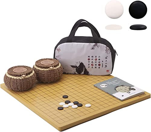 SongYun Go Game Set Reversible 19x19 / 13x13 Holz Spielbrett mit einzelnem konvexem Keramikstein 361pcs und handgewebten Go Bowls, 2 Spieler Brettspiel
