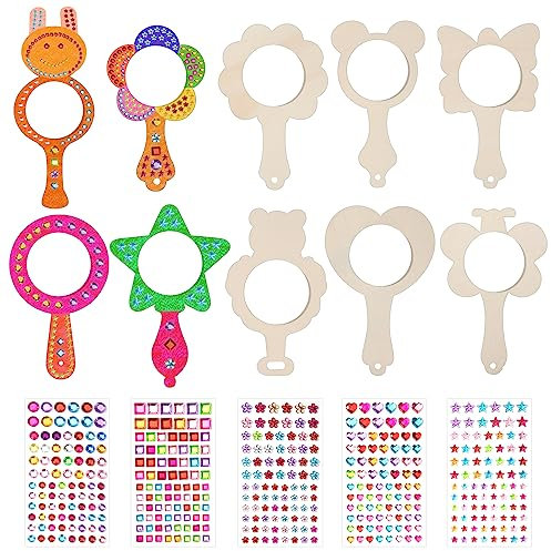 DIY Holzspiegel Handspiegel mit Griff Glitter Steine DIY Handgefertigte Handwerk für Kinder 10 Stück