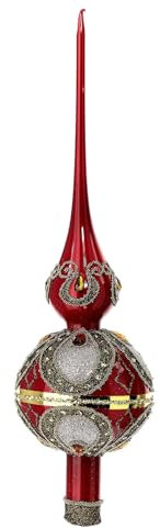 Holyart Puntale Albero Natale Vetro soffiato Rosso Oro Strass 35 cm