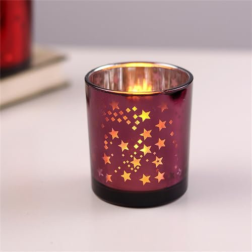 Hiseng Teelichthalter 4er-Set Glas Kerzenhalter Votivkerzenhalter Sternmuster Teelichtgläser Kerzenleuchter Teelichter Dekoration für Weihnachten Tischdeko, Hochzeit, Party (Lila)