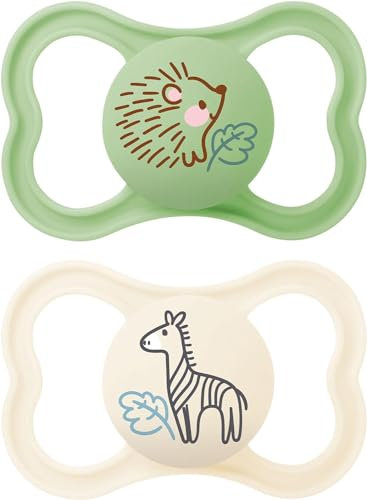 MAM Air Soothers 6-18 Months | 2 Pack | Orthodontic Design | Comes in Dummy Steriliser Case | Sustainable Materials | Baby Accessories | Cream (Various Designs)