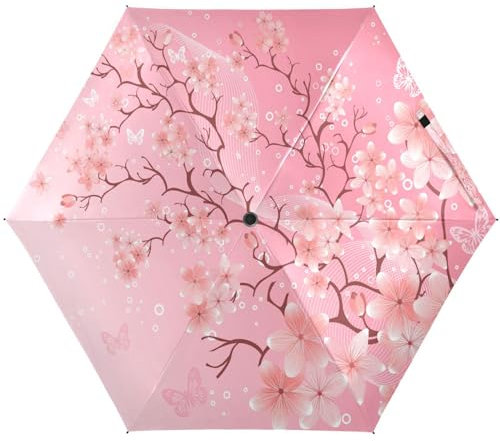 Quteprint Japanischer Regenschirm mit Kirschblüte, Schmetterling, 5-fach gefaltet, Reise-Regenschirm für Regen, Sonne, UV-beständig, winddicht, 6 Rippen, leicht, kompakt, faltbar, für Erwachsene,