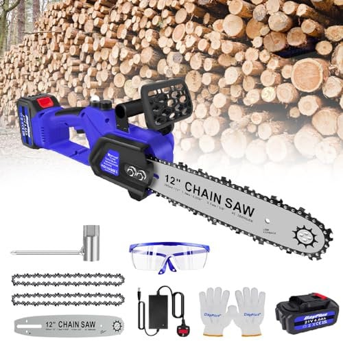 Cordless Chainsaw with Battery and Charger, Electric Chainsaw 12 Inches, Portable Chain Saw to Cut Wood and Tree, with 2 Chains, Automatic Chain Lubrication and Security Lock