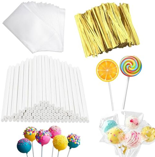 JEOPKO 600Pcs Lollipop Making Tools Kit - Cake Sticks, Wrappers, Bags, Twist Ties, Clear Candy Treat Bags - Perfect for Making Candies